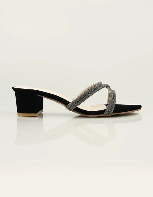 Velora Black Block Heels with Criss-Cross Glitter Straps – Essence by Rubina